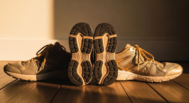 Cinematic still life photograph of a single pair of well-worn running shoes placed side by side on weathered hardwood floor planks, soles partly visible showing wear patterns, warm amber afternoon light, deep espresso shadows, no human figures or feet