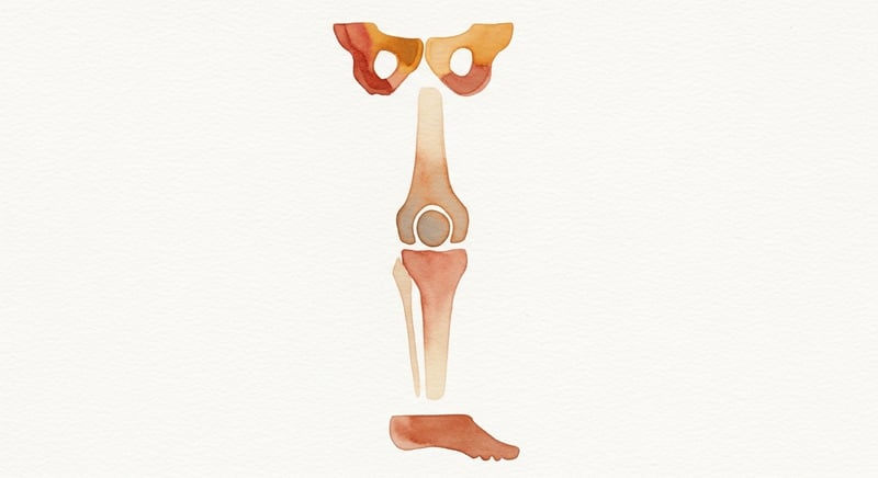 Loose watercolor illustration on cream paper showing an abstract anatomical chain of three connected joints painted as flowing painterly shapes in warm honey-gold and terracotta, a small pelvis shape on top, a vertical column representing the leg in the middle with a faint circle at the knee, a small foot shape at the bottom, no full human figures