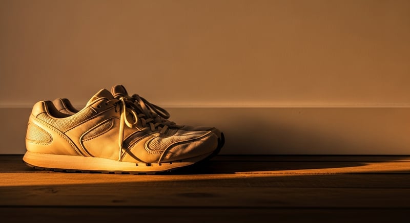 Cinematic still life photograph of a single empty pair of well-worn running shoes on weathered hardwood floor with warm amber morning light, no human figures