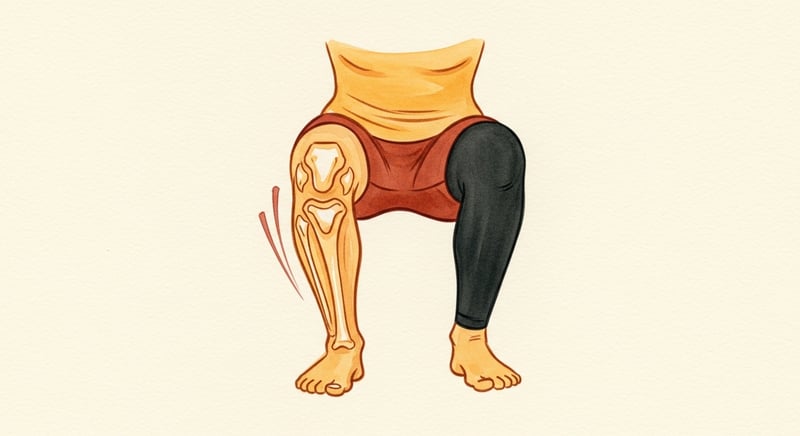 Loose watercolor illustration on cream paper of a front-on view of a person mid single-leg squat, the standing leg's knee caving inward in dynamic valgus, the femur internally rotated and the kneecap tracking off-center, painted in warm honey-gold and terracotta and deep espresso brown washes, no identifiable face