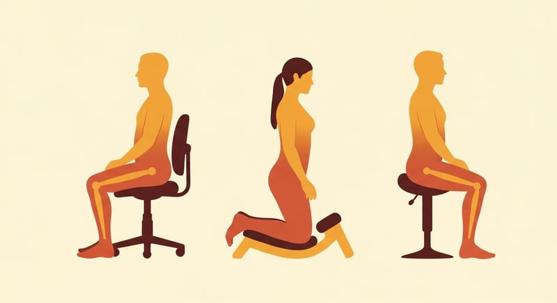 Three side-profile silhouettes in warm honey-gold and terracotta on cream background showing a standard office chair with hips and knees at 90 degrees, a kneeling chair with the hip angle opened to roughly 115 degrees, and a saddle stool with the hip angle opened to roughly 130 degrees