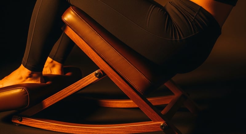 Cinematic editorial close-up photograph of an anonymous person's knees and shins resting on the angled padded supports of a wooden kneeling chair, warm amber side-lighting catching the wood grain, deep espresso shadows, shallow depth of field, no faces visible