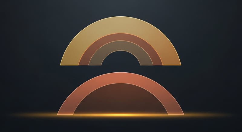 Geometric abstract composition on dark charcoal background showing two stacked translucent arcs in muted copper and warm amber, the upper arc representing preserved lumbar lordosis and the lower arc representing flattened lordosis on a standard chair, with subtle radiating lines