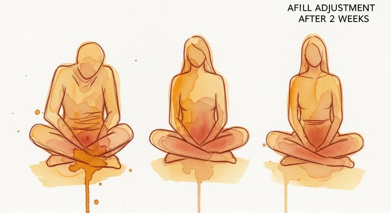 Loose watercolor illustration on cream paper of a soft horizontal progression in warm honey-gold and terracotta tones, three abstract figures showing posture stages across a two-week adjustment period, painterly bleeds and bone-white negative space