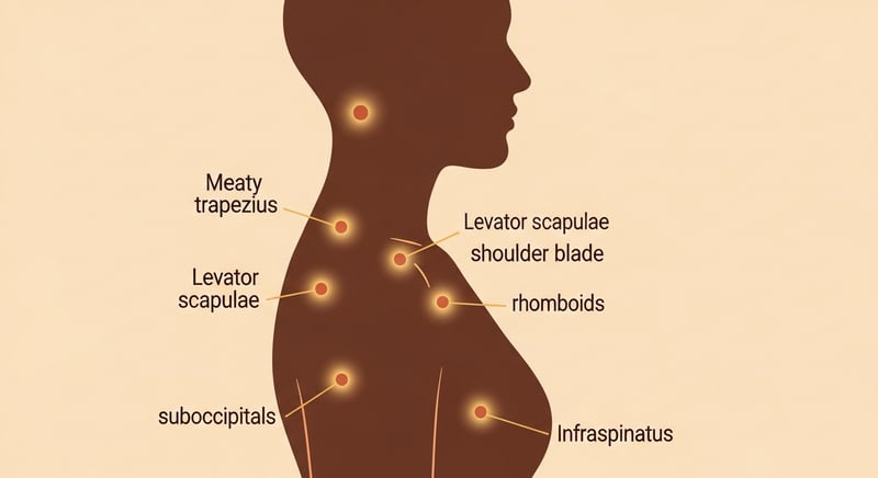 Minimalist flat illustration of a side-profile silhouette of an upper body from waist to crown, with five glowing dots marking the suboccipitals, upper trapezius, levator scapulae, rhomboids, and infraspinatus trigger points, in warm honey-gold and terracotta on cream paper