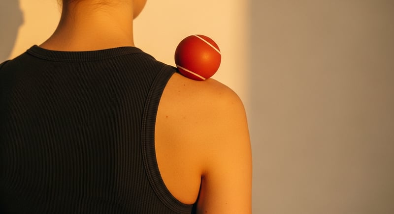 Cinematic editorial photograph, three-quarter shot of an anonymous figure standing against a warm cream wall, leaning back into a small lacrosse ball pressed between the upper trapezius and the wall, fitted dark charcoal athletic top, warm amber side-light, face cropped above the nose
