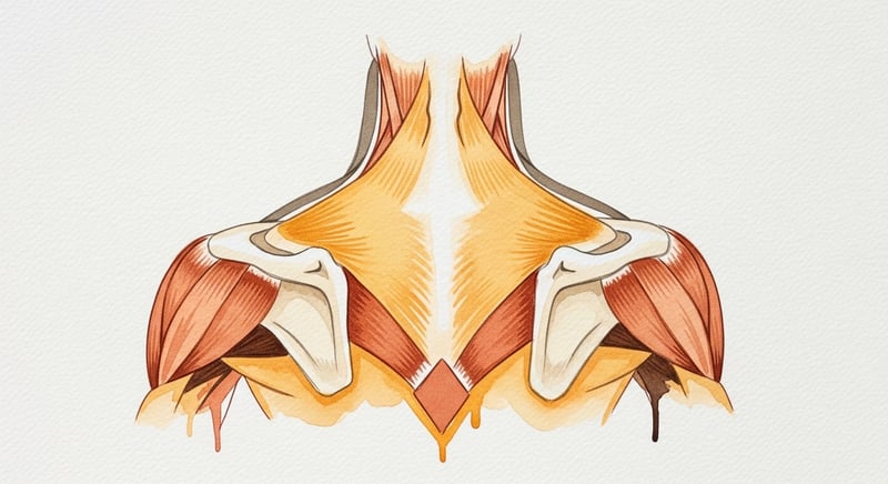 Loose watercolor illustration of the upper back muscles in side profile showing the trapezius and levator scapulae layered over the rhomboids and infraspinatus, in warm honey-gold and terracotta on cream paper