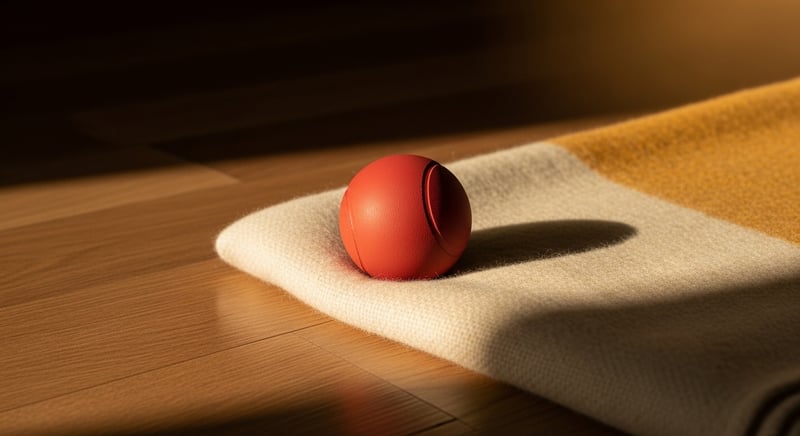 Cinematic still life of a lacrosse ball, a folded warm cream linen cloth, and a clay mug on a warm wood desk catching late-afternoon light, in warm honey-gold and terracotta