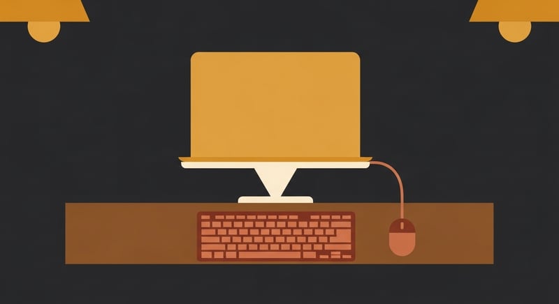 A laptop on a stand with an external keyboard on a warm-lit desk workspace