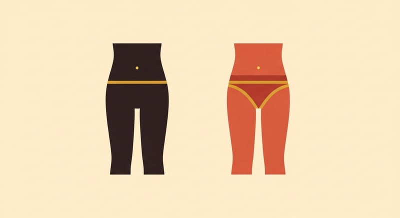 Minimalist flat illustration from the front of two figures, one with a level pelvis and even waistline, the other with the pelvis tilted so one hip sits higher and the waist compresses on that side, in deep espresso and terracotta with honey-gold accents on cream