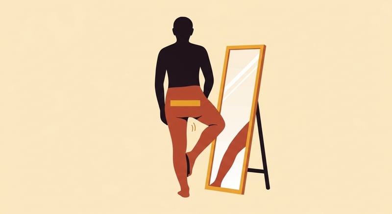 Minimal flat illustration of a person from behind standing on one leg in front of a mirror with the opposite hip visibly dropping, a honey-gold line marking the uneven pelvis level, in deep espresso and terracotta on cream