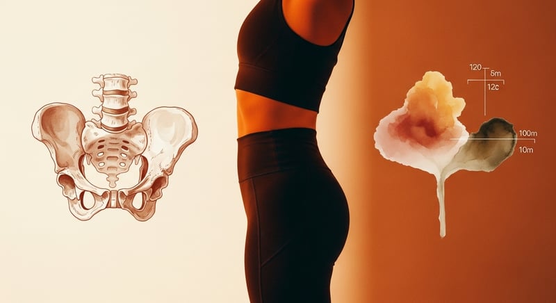 Watercolor illustration in warm honey-gold and terracotta of a pelvis tilted to one side so one hip sits higher than the other, seen from the front against soft cream paper