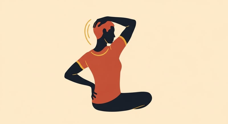 Minimalist flat illustration on cream background of a seated figure performing the levator scapulae stretch, head turned about 45 degrees and chin dropped toward the armpit, one hand tucked behind the low back, in deep espresso, terracotta and honey-gold