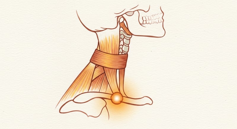 Loose watercolor illustration on cream paper of the levator scapulae muscle running from the upper cervical spine down to the superior angle of the shoulder blade, in honey-gold and terracotta with a soft glow at the lower attachment