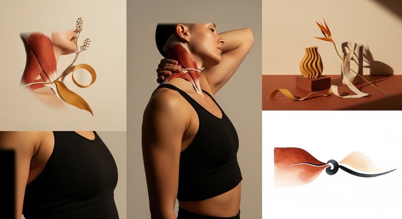 Loose watercolor illustration in warm honey-gold and terracotta of the levator scapulae muscle running from the upper neck down to the inner top corner of the shoulder blade, with a soft glow marking the tender knot