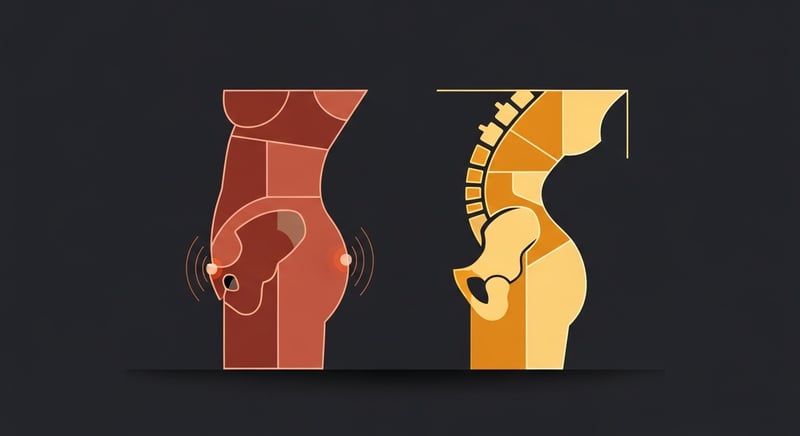 Geometric side-by-side comparison of posterior pelvic tilt in terracotta on the left and anterior pelvic tilt in warm gold on the right