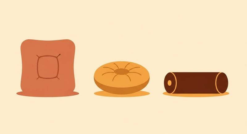 Minimal flat illustration on warm cream background showing three abstract cushion silhouettes in a horizontal row: a square memory-foam cushion shape in muted terracotta, a round inflatable disc shape in warm honey-gold, and a horizontal cylindrical lumbar-roll shape in deep espresso, with generous negative space between each