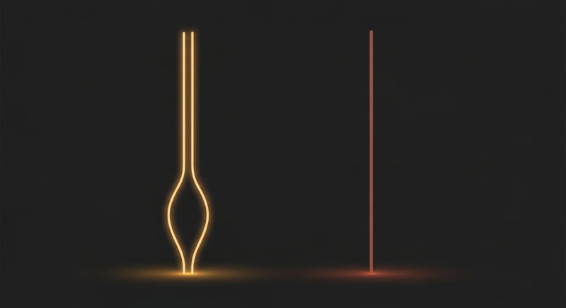 Clean geometric abstract composition on dark charcoal showing two stacked translucent vertical lines, one with a clear inward curve at the lumbar level rendered in warm honey-gold representing supported lordosis, and one flat and straight rendered in muted terracotta representing unsupported sitting, no human figures