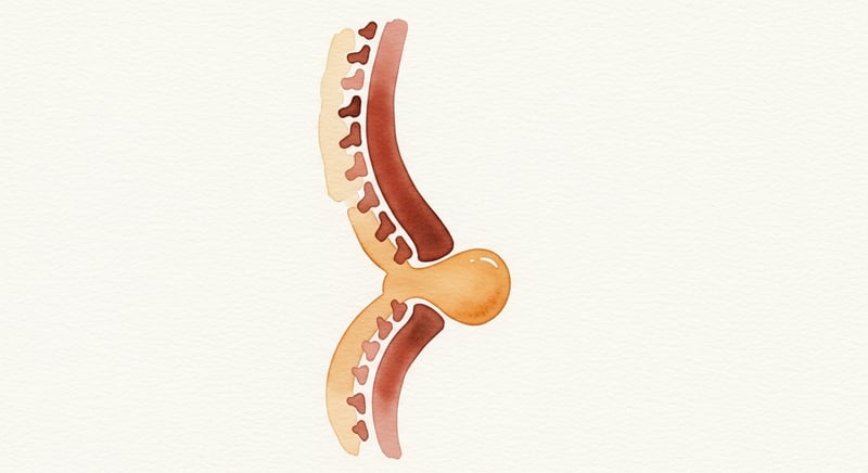 Loose watercolor illustration on cream paper of an abstract vertical curving spinal line in deep terracotta with a small cushion-shape in warm honey-gold marking the apex of the curve at the belt-line level, painterly amber pigment bleeds, no human figure