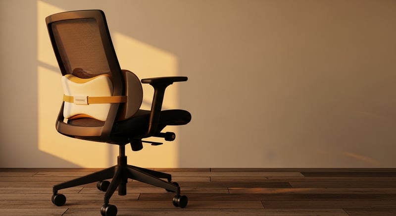 Cinematic still life photograph of an empty modern office chair with a memory-foam lumbar cushion attached to its backrest, warm amber afternoon light catching the cushion fabric and chair frame, no human figure