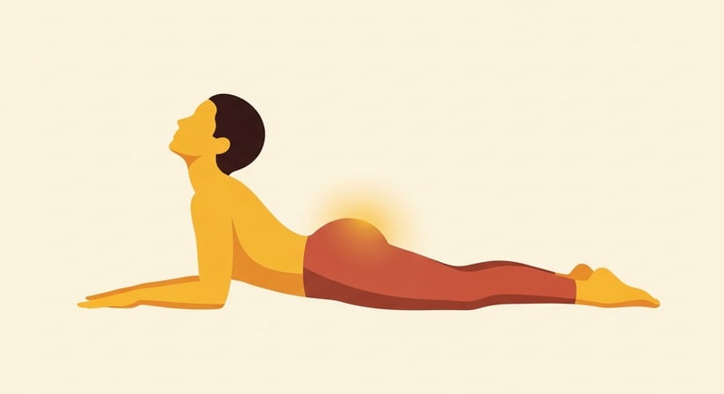 Flat illustration side view of a figure lying face down pressing the chest up on the arms with the hips staying down on the floor, a gentle honey-gold arch through the low back, on cream
