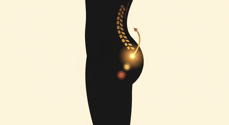 Minimalist flat illustration of a leg with a band of pain shown retreating from the calf up toward the base of the spine in stages, honey-gold to terracotta arrows on cream
