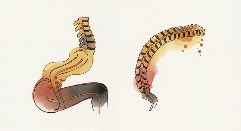 Loose watercolor illustration of a lumbar spine shown twice, once rounded forward in a slumped sitting curve and once gently arched back into extension, in honey-gold and terracotta on cream paper