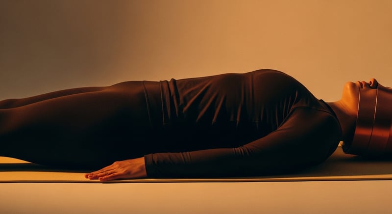 Editorial side-profile photograph of a person lying face down propped on their forearms with hips relaxed, gently arching the low back in a McKenzie press-up, in warm amber light
