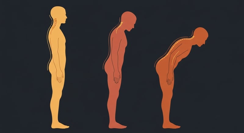 Minimalist flat illustration on a dark charcoal background showing three rear-view human silhouettes in a horizontal row, depicting the posture chain: a neutral standing figure on the left, a figure with forward head and rounded shoulders in the middle, and a figure with full thoracic kyphosis on the right, with the mid-back highlighted in honey gold and terracotta accents.