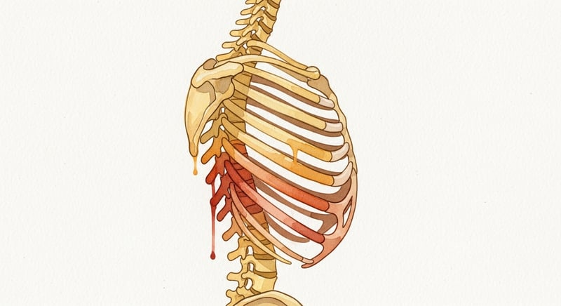 Loose watercolor illustration of a human spine in side profile on cream paper, with the mid-thoracic region (T5 to T8) highlighted in warmer terracotta against the rest of the spine in honey gold.