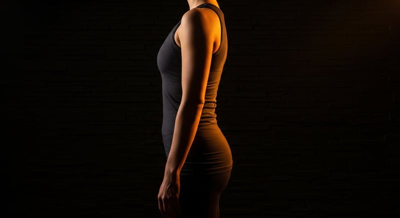 Editorial side-rear photograph of an anonymous office worker hunched over a laptop with the mid-thoracic region of the back highlighted in warm amber light against dark charcoal.