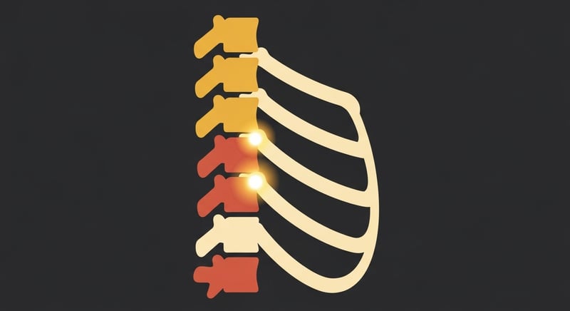 Minimalist flat illustration of the thoracic spine in side profile with several ribs curving away from it, the small rib-to-spine joints marked as points, one of them highlighted with a warm honey-gold glow, terracotta and cream on dark charcoal