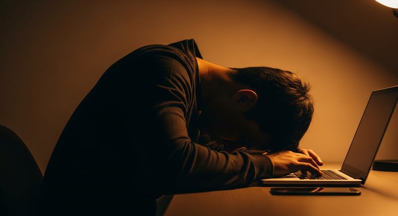 Editorial side-profile photograph of a person hunched over a laptop at a desk, upper back rounded forward and head pushed ahead of the shoulders, warm amber light, face cropped above the nose on a dark charcoal background