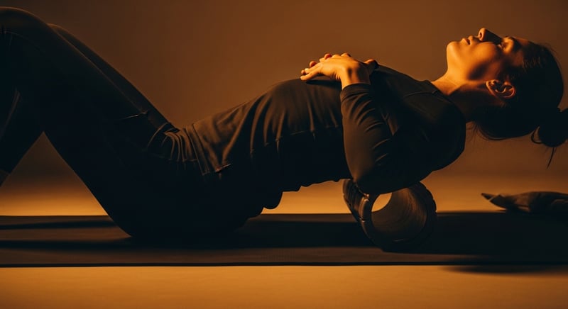 Editorial side-profile photograph of a person lying back over a foam roller placed across the mid-back, knees bent, gently extending the upper back and opening the ribs, warm amber light on a dark background