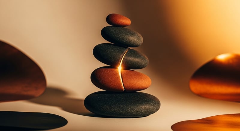 Cinematic still life of a stack of smooth stones in warm amber light, one stone split by a glowing seam, evoking a single stiff segment in the spine, on a cream background
