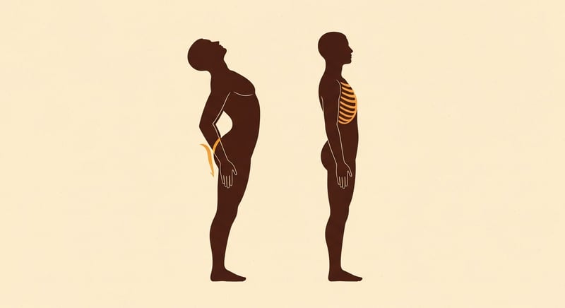 Flat illustration comparing two side-profile silhouettes, one with chest pushed out and exaggerated lumbar arch, one with neutral spine, warm honey-gold accents on cream background