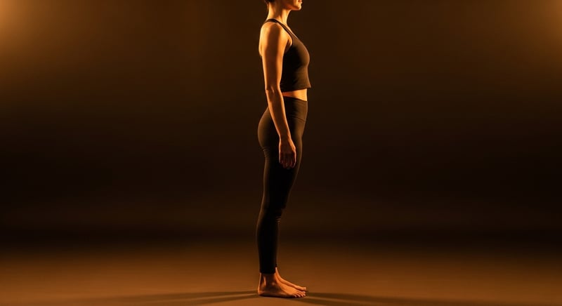 Editorial side-profile photograph of an anonymous adult standing in relaxed neutral posture with ribs stacked over pelvis, head balanced over shoulders, fitted dark charcoal clothing, warm honey-gold side-lighting, deep espresso brown background, no identifiable facial features