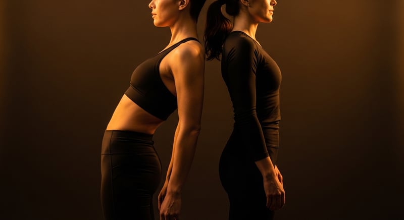 Editorial side-profile photograph contrasting two anonymous adults standing, one in rigid military-style posture with chest pushed out, one in relaxed neutral alignment, warm honey-gold side-lighting