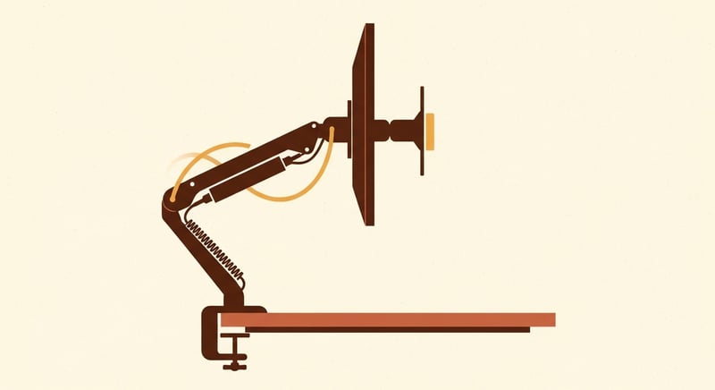 Flat illustration of a side-profile diagram of a monitor on an arm clamped to a desk edge, with a horizontal honey-gold accent showing the VESA mounting plate and the gas-spring counterbalance arc, on a cream background
