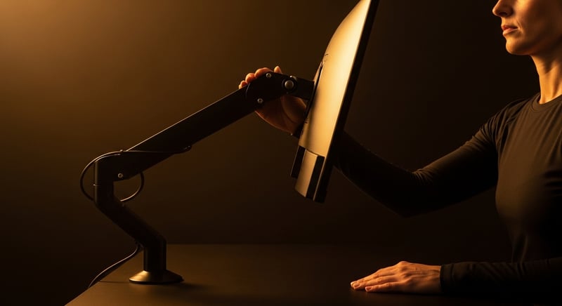Editorial side-profile photograph of an anonymous adult adjusting a gas-spring monitor arm with one hand, screen tilting upward, fitted dark charcoal clothing, warm honey-gold side-lighting against deep espresso brown background, no identifiable facial features