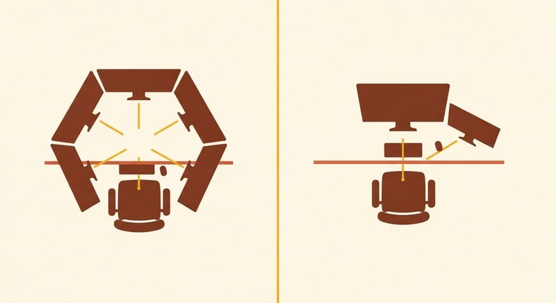 Minimalist flat illustration showing two desk configurations from overhead view: left side shows two monitors arranged in an inverted V with inner edges touching at center, right side shows one larger primary monitor straight ahead with a smaller secondary monitor angled to the side, honey-gold and terracotta accents on cream