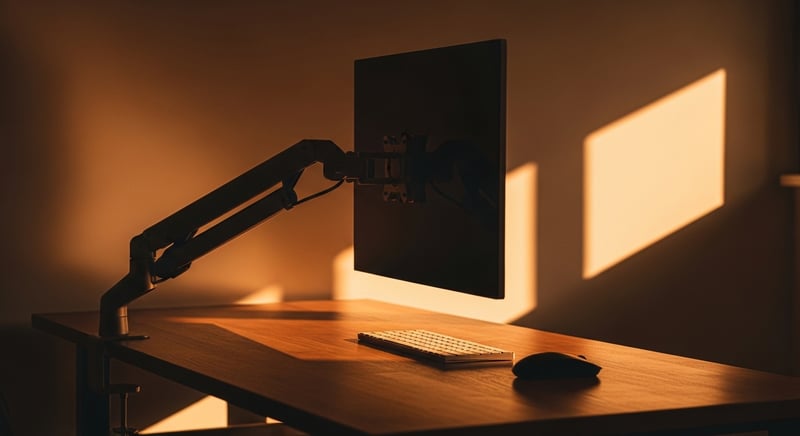 Cinematic still life photograph of a single VESA-mounted monitor floating above a tidy desk on a gas-spring monitor arm, warm honey-gold morning light against a dark espresso brown wall