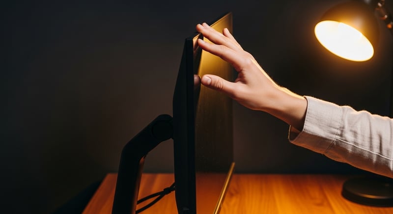 Close-up editorial photograph of a hand adjusting the height of a computer monitor on an adjustable arm