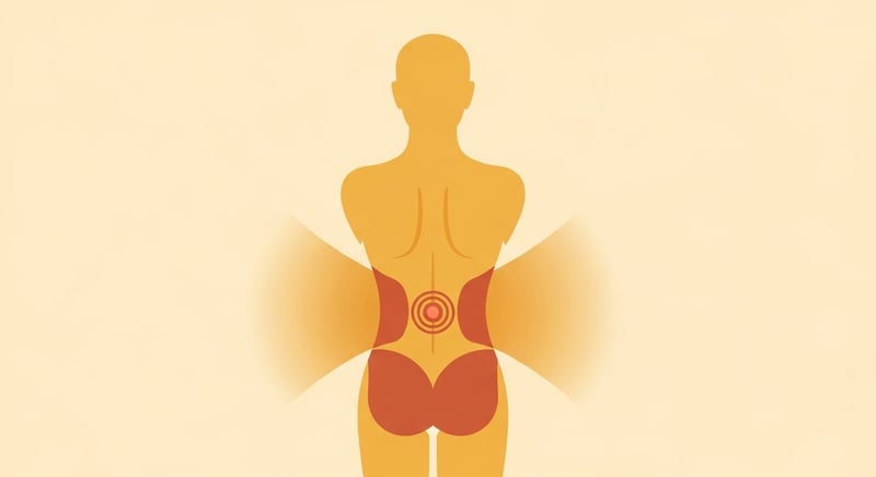Flat illustration of a figure with one small sore point marked at the low back and a wider shaded zone of bracing muscle spreading around it, in honey-gold and terracotta on cream