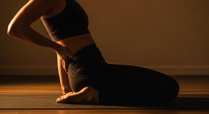 Editorial photograph of a person moving gently and slowly through a pain-free range on a mat, calm and controlled, warm amber light, face cropped above the nose