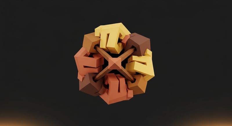 Geometric abstract of a clenched fist-like cluster of shapes held tight around a small central point, in deep espresso and terracotta on charcoal, suggesting a brace that won't release