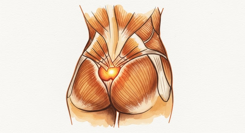 Loose watercolor of a lower back and hip where the muscles surrounding a sore joint glow warm amber and terracotta, showing protective tension wrapping the area
