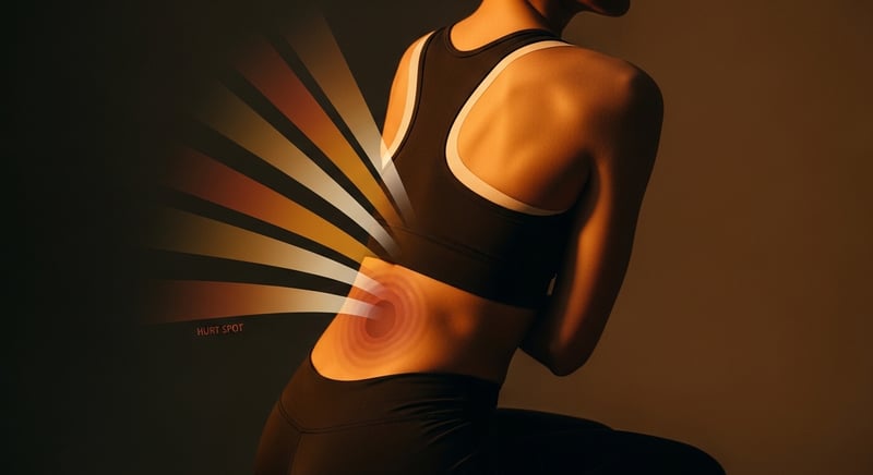 Watercolor side profile of a person holding their lower back stiffly, the muscles around the area glowing amber to show protective tension, in warm terracotta tones