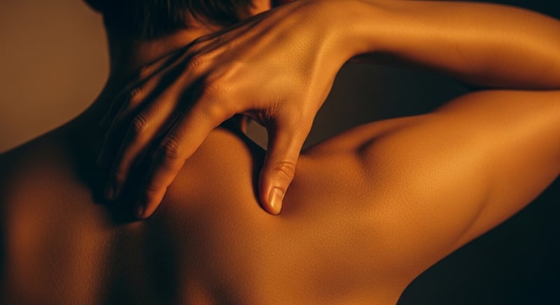 Editorial close-up photograph of an anonymous single hand reaching across the body to touch the back of a shoulder or upper back during a posture check in warm amber lamp light