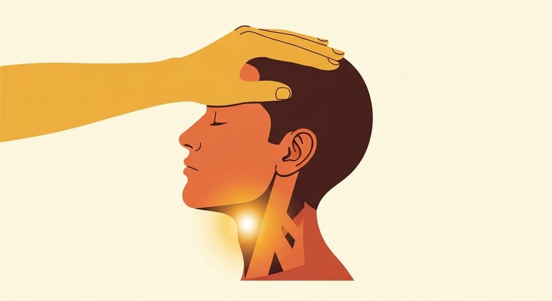 Flat illustration of a head in side profile with a hand pressing against the forehead and the head resisting, a small honey-gold glow at the front of the neck showing the working muscles, on cream